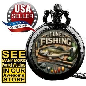 Black Vintage Gone Fishing Pocket Watch with Chain • Bass • Rods • Reels • Lures